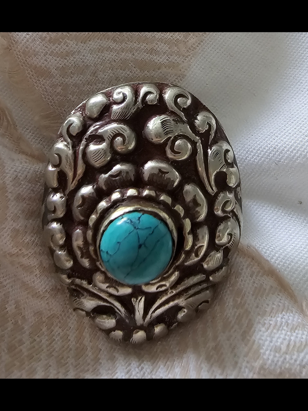 Bold Tibetan Silver Turquoise Colored Stone Floral Statement Ring ADJUSTABLE